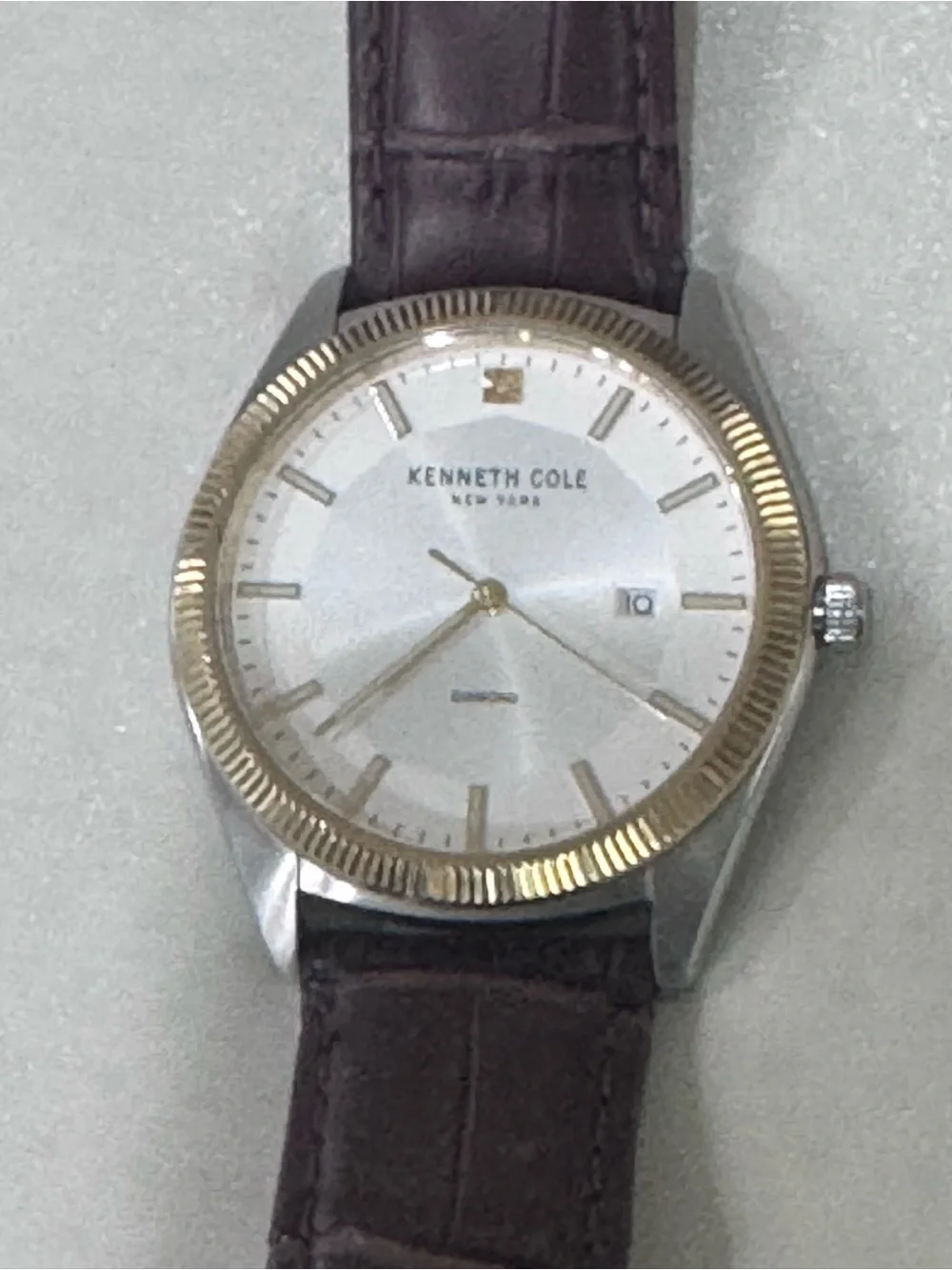 Kenneth Cole Brown Leather Strap Watch with Gold-Tone Bezel and White Dial